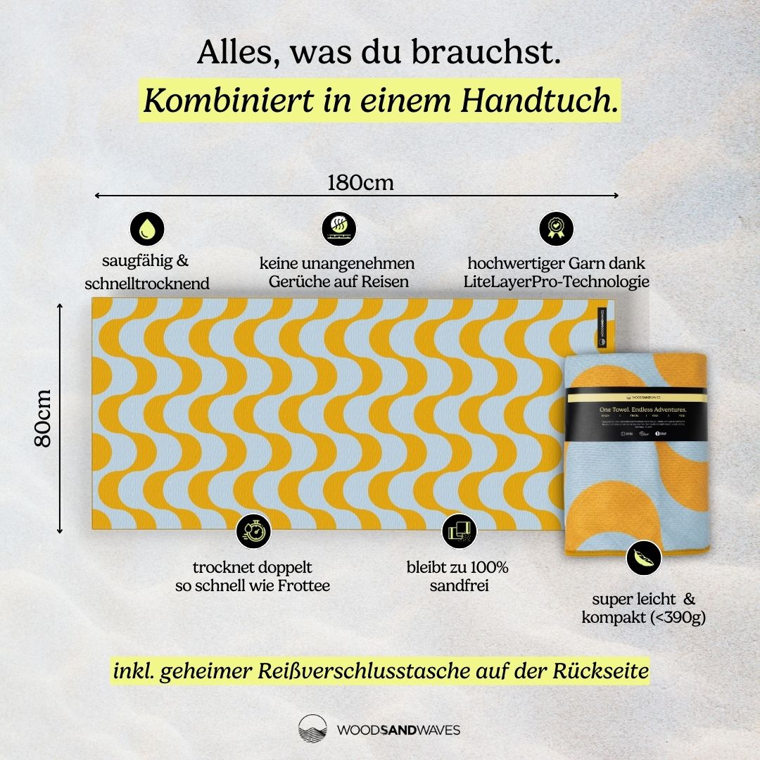 Copacabana Lemon - Schnelltrocknendes Reise - und Strandtuch mit Geheimfach - woodsandwaves.co