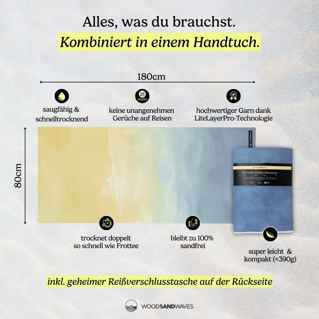 Dreamy Daybreak - Schnelltrocknendes Reise - und Strandtuch mit Geheimfach - woodsandwaves.co